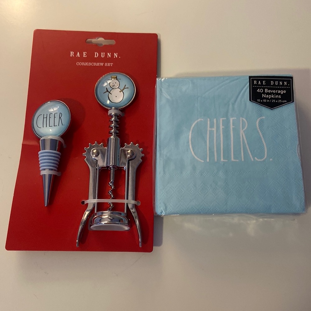 Rae Dunn Snowy/Christmas Cheer Corkscrew Set and Beverage Napkins
